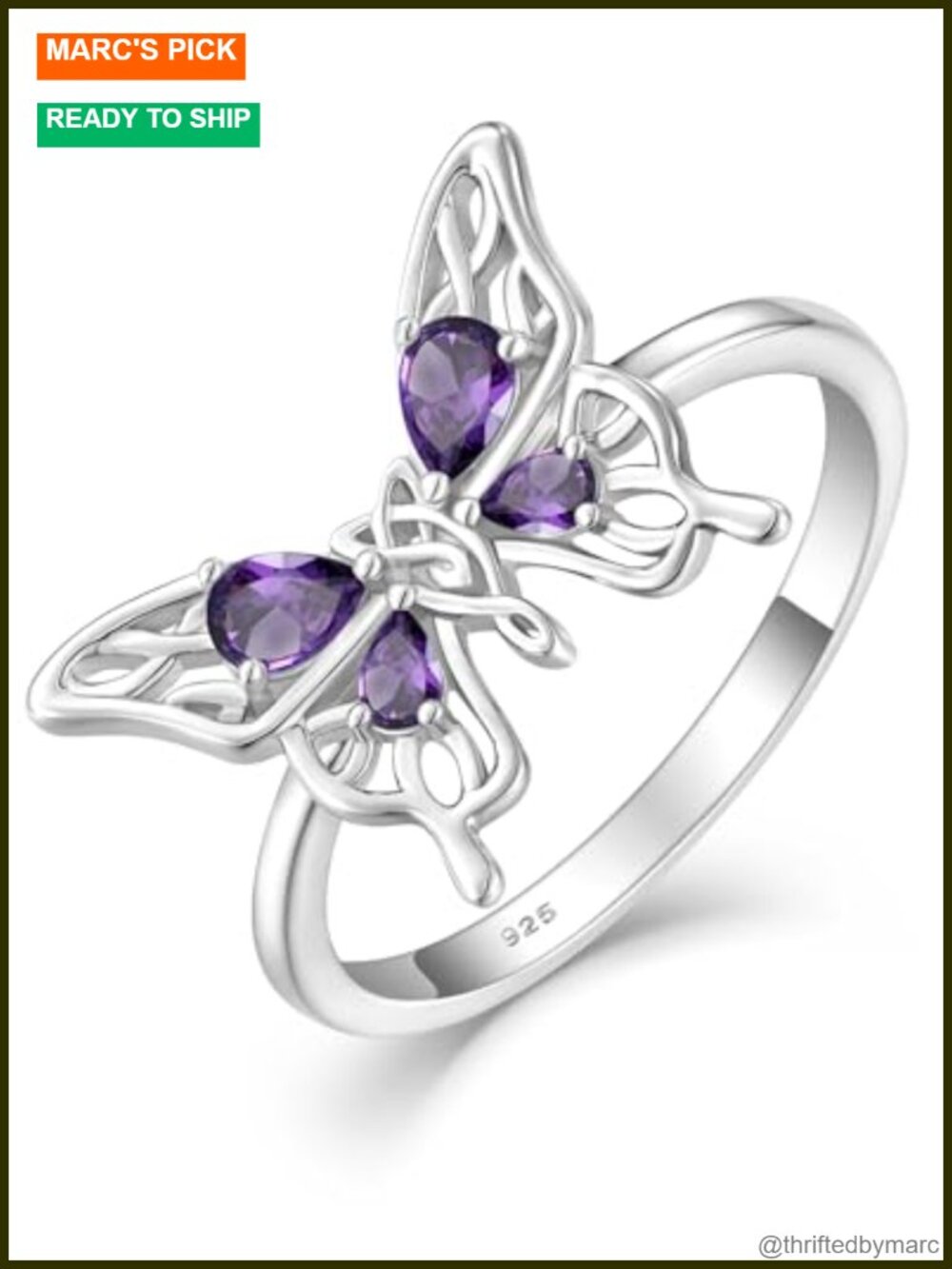 Sterling Silver 18K White Gold Plated Butterfly Birthstone Statement Band Ring